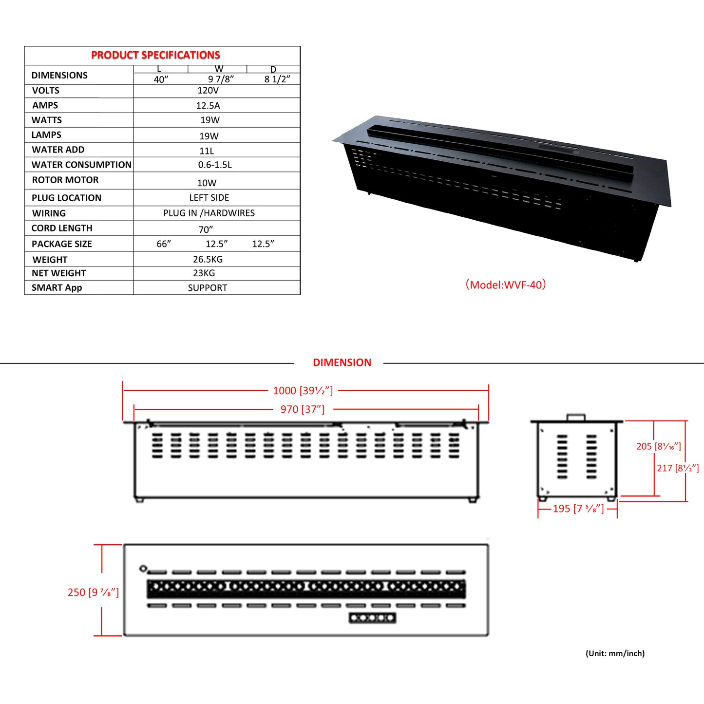 Water Vapor 40 inches Linear Electric Fireplaces - WVF-40