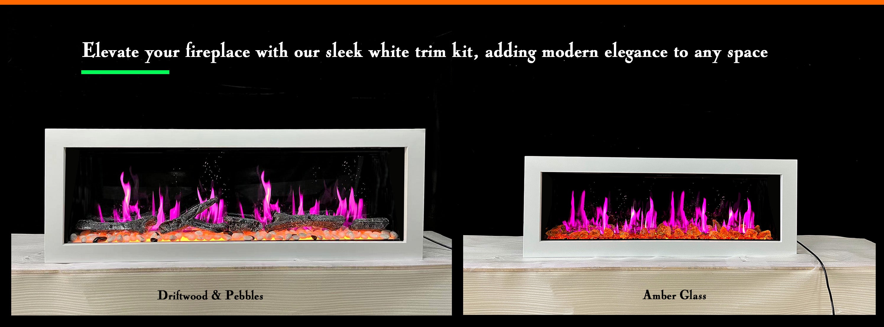 white trim kit electric fireplace with pebbles driftwood, Amber Glass, Crystals logset