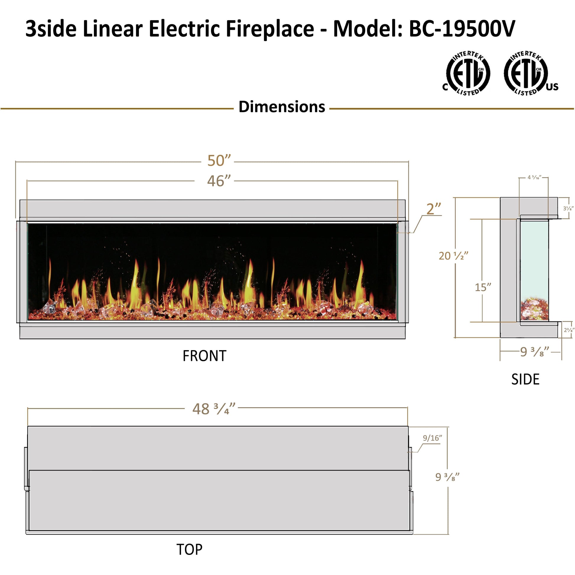 TriStar Three Side 50Inch Linear Electric Fireplace - BC19500V - ZopaFlame Fireplaces