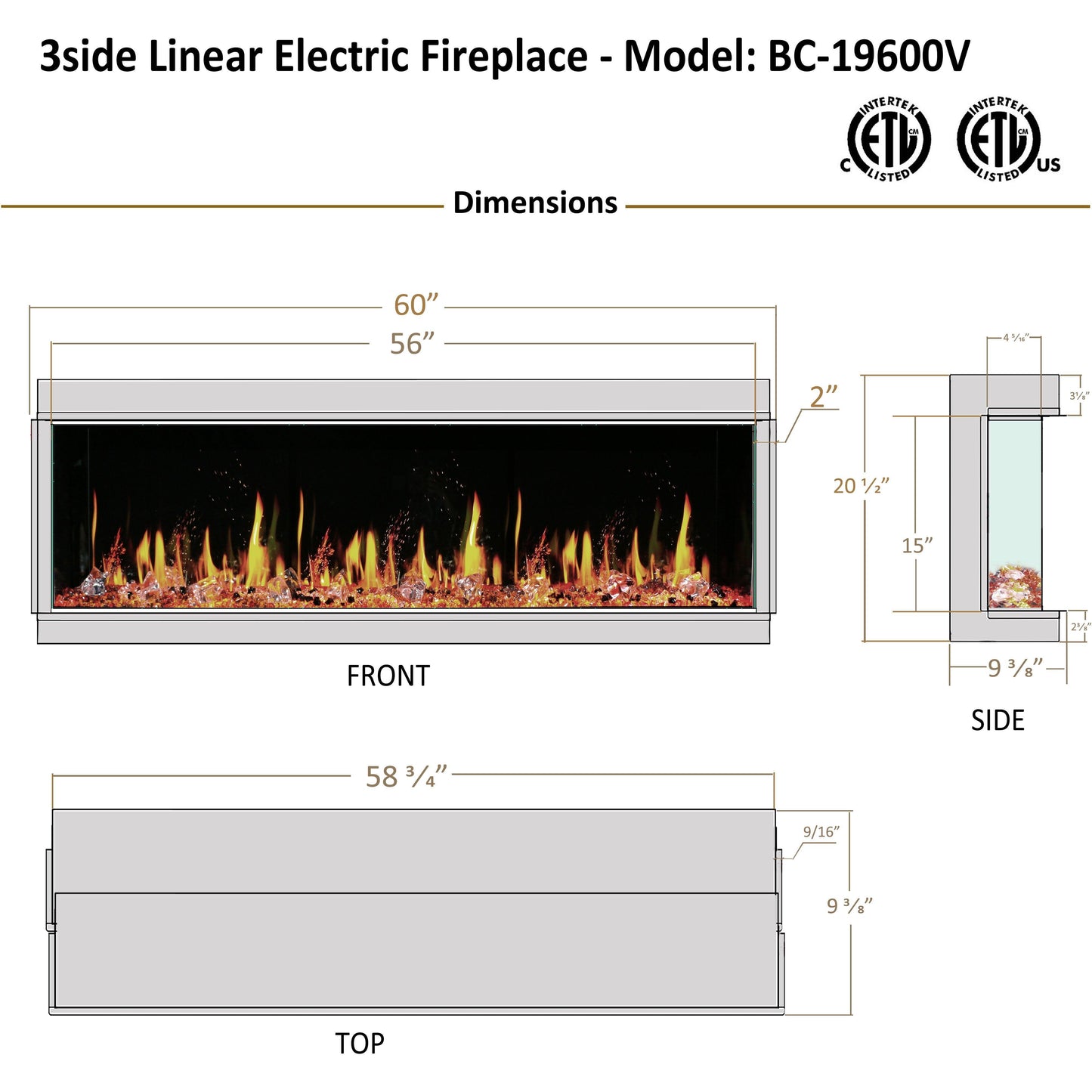 TriStar Three Side 60Inch Linear Smart Electric Fireplace - BC19600V - ZopaFlame Fireplaces