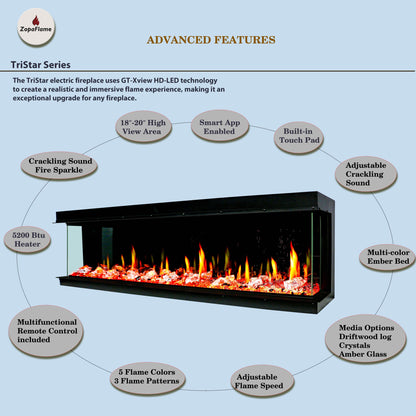 TriStar Three Side 72Inch Linear Smart Electric Fireplace - BC19720V - ZopaFlame Fireplaces