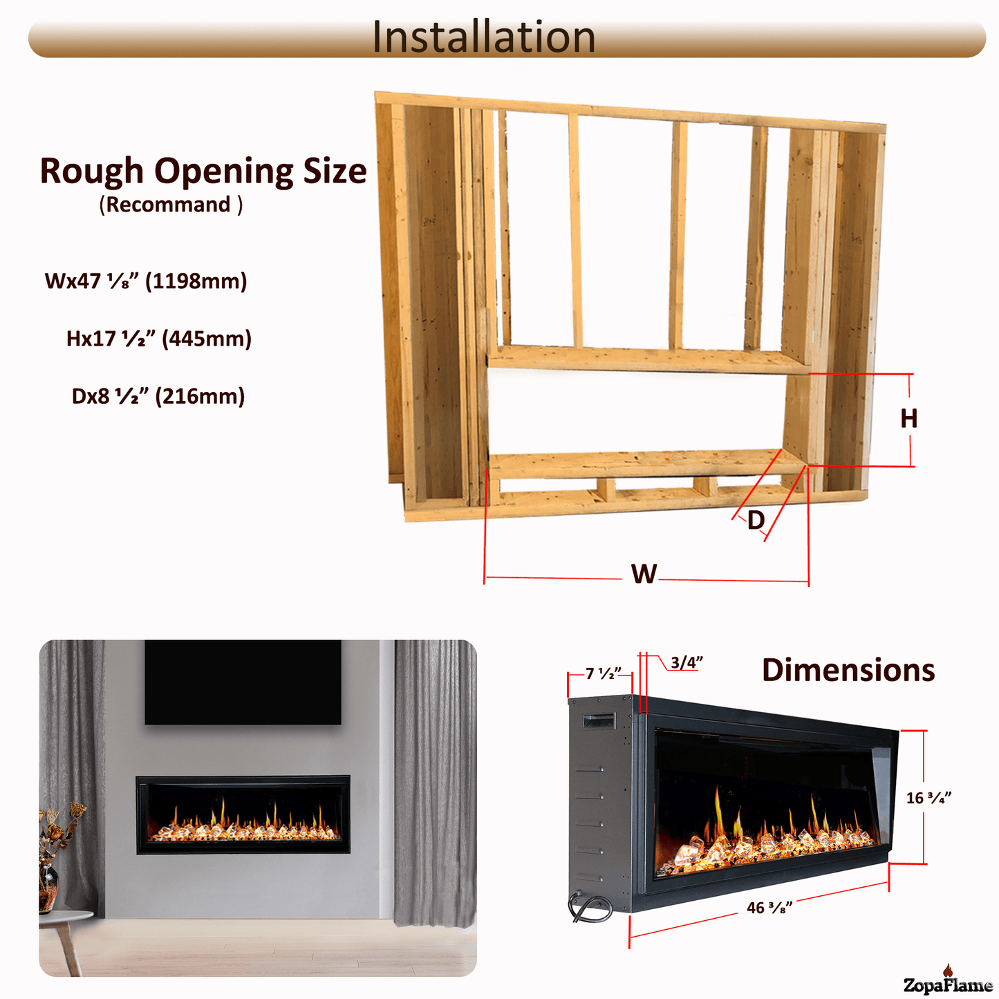 ZopaFlame™ 45" Linear Built-in Electric Fireplace - BC17455X - ZopaFlame Fireplaces