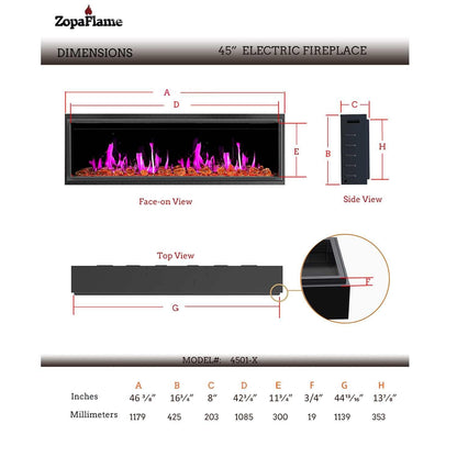 ZopaFlame™ 45" Linear Built-in Electric Fireplace - BG17455X - ZopaFlame Fireplaces