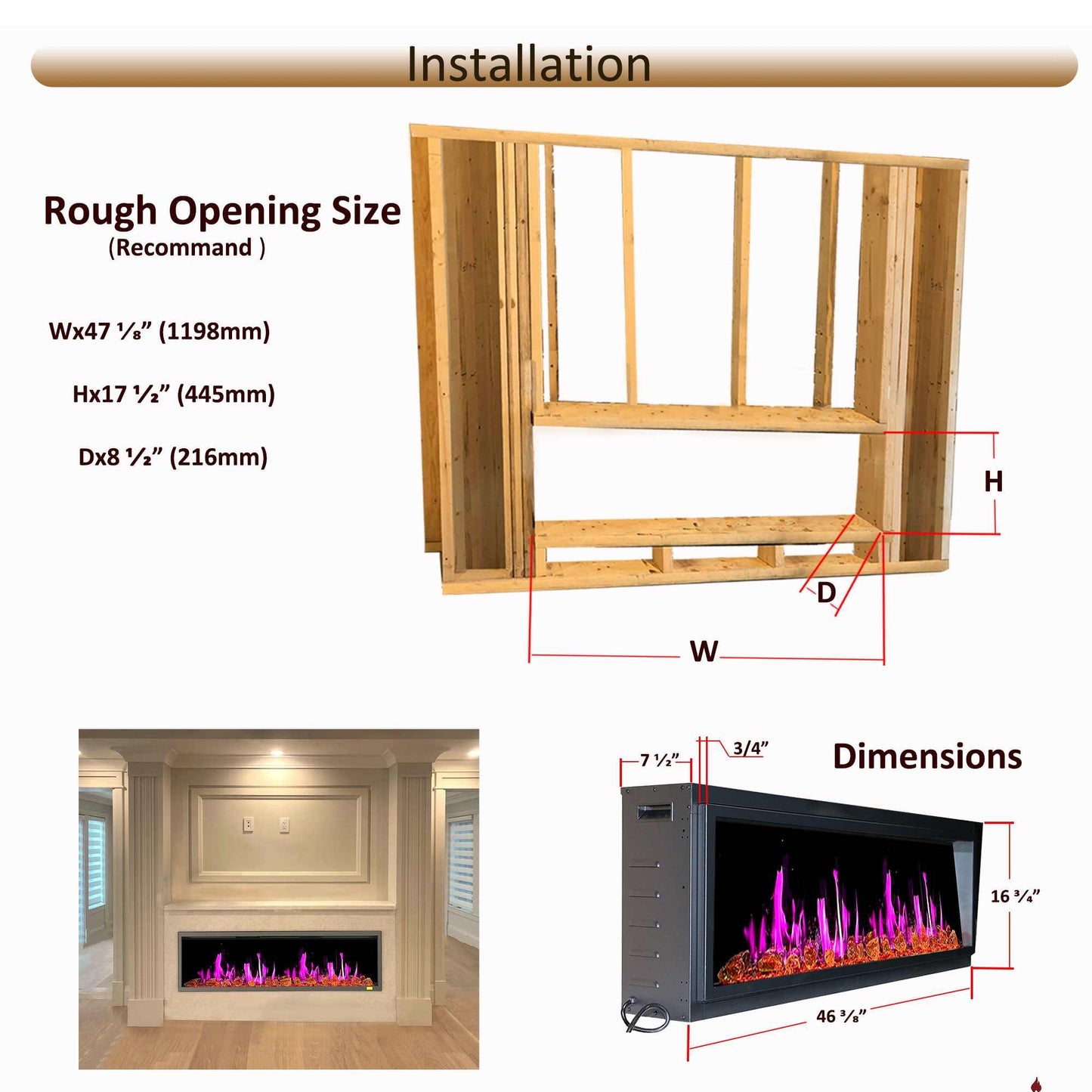 ZopaFlame™ 45" Linear Built-in Electric Fireplace - BG17455X - ZopaFlame Fireplaces