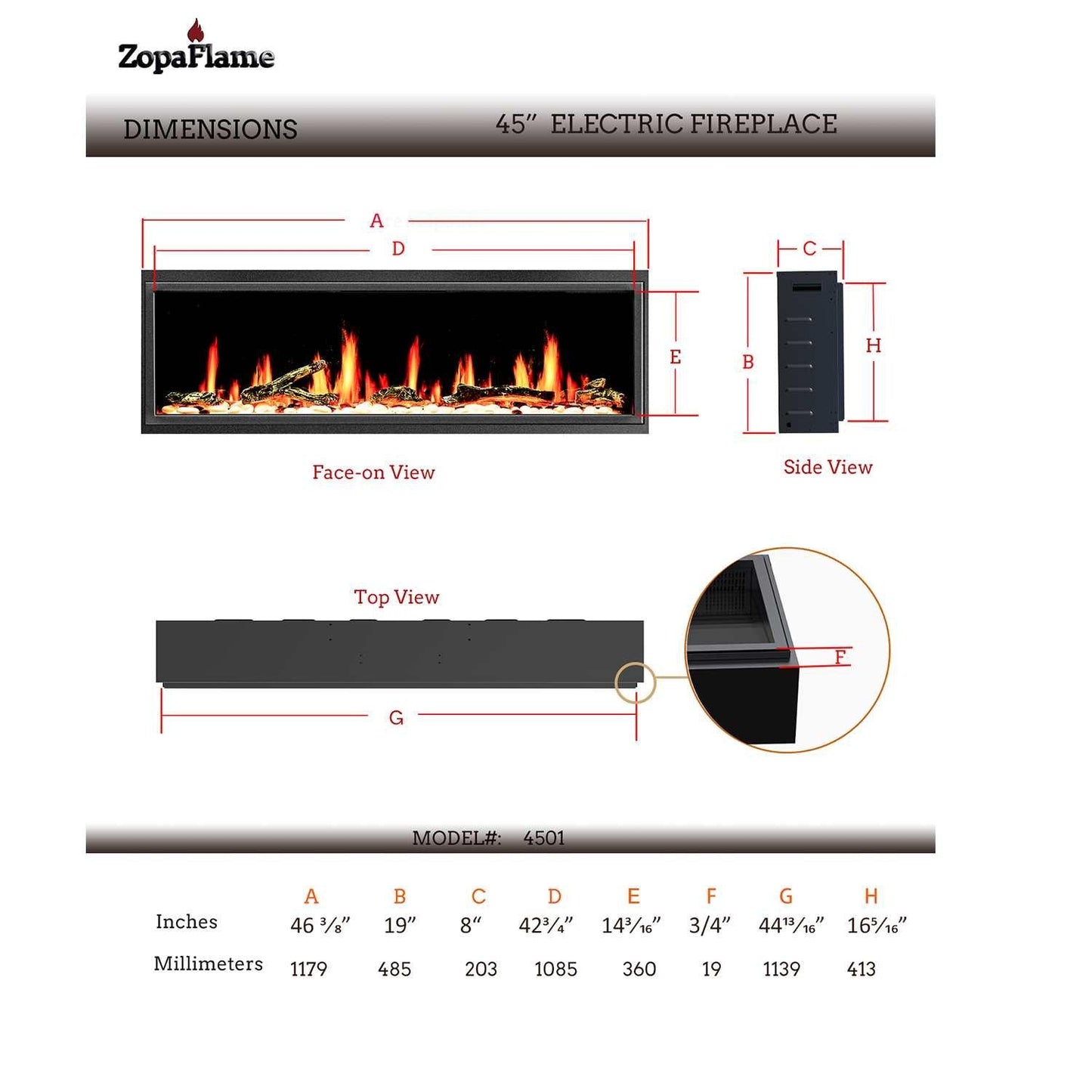 ZopaFlame™ 45" Linear Built-in Electric Fireplace - BP17455X - ZopaFlame Fireplaces