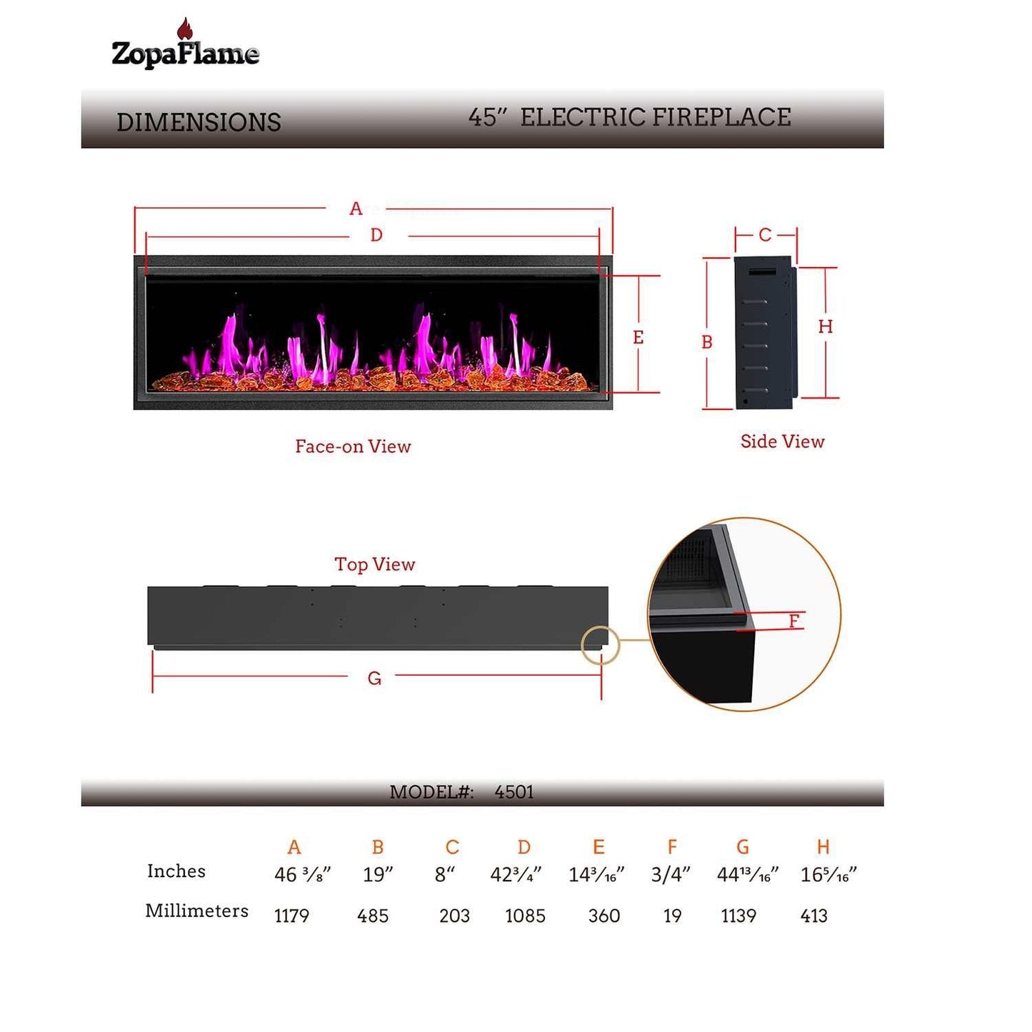 ZopaFlame™ 46" Linear Built-in Electric Fireplace - BG19455V - ZopaFlame Fireplaces