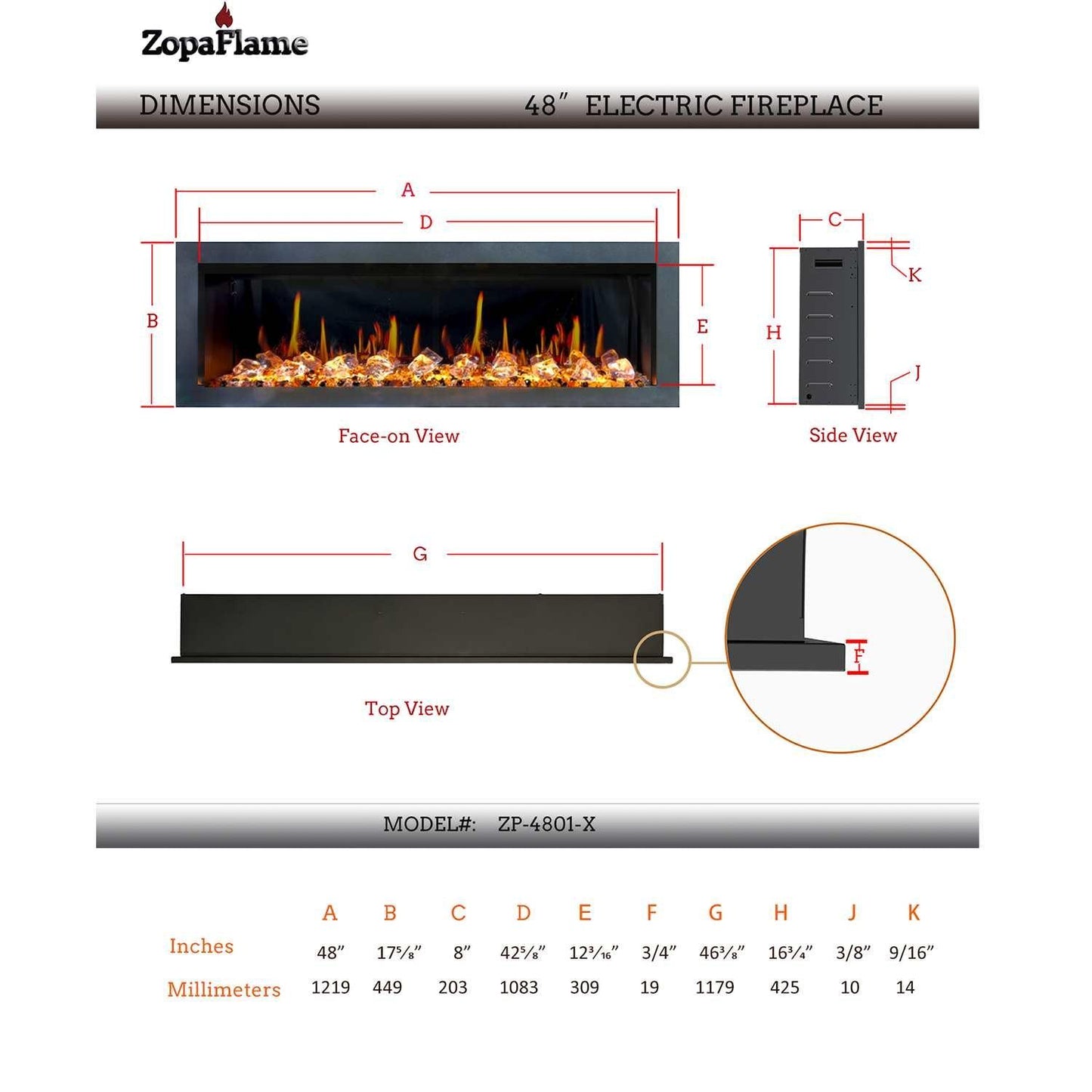 ZopaFlame™ 47" Linear Wall-mount Electric Fireplace - BC17488X - ZopaFlame Fireplaces