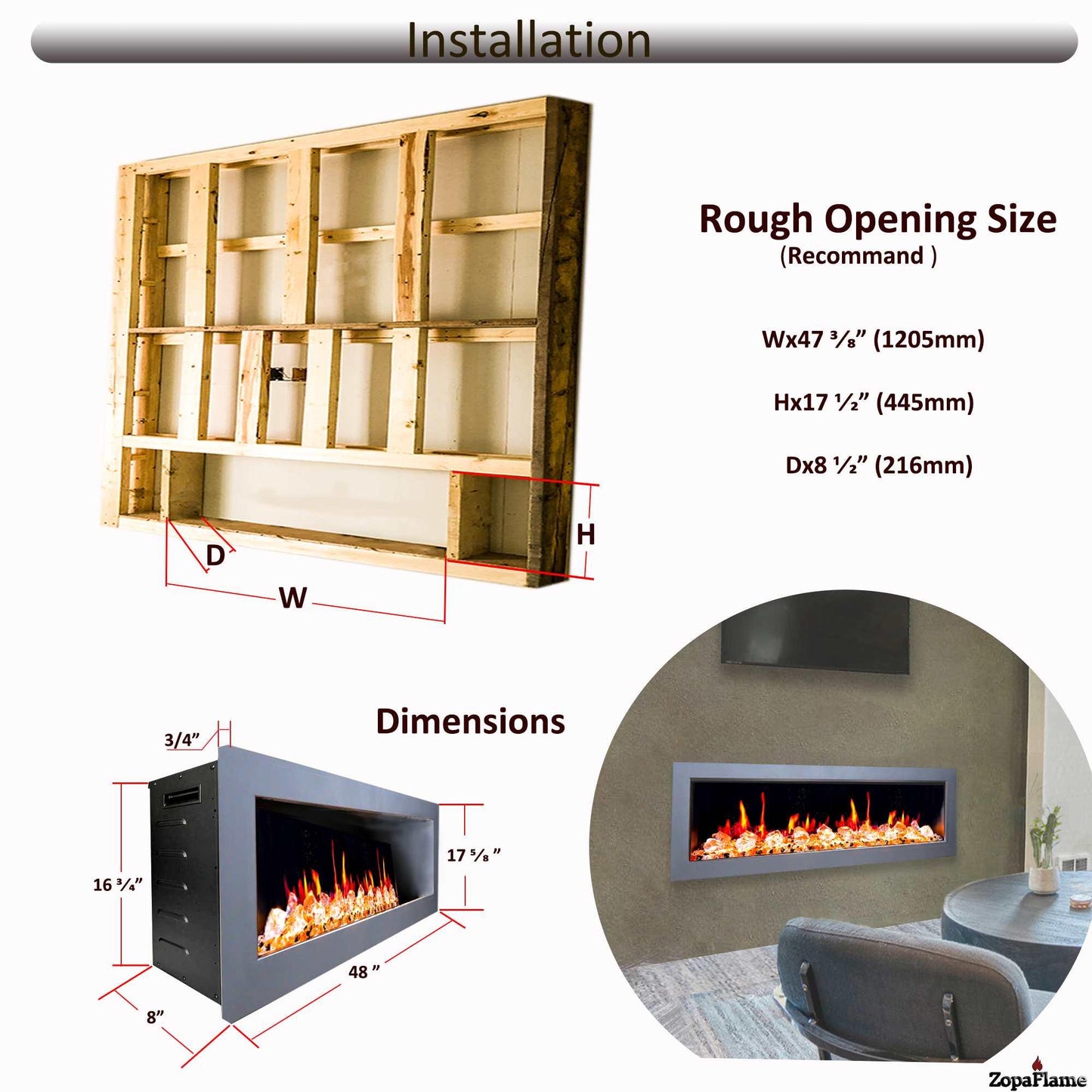 ZopaFlame™ 47" Linear Wall-mount Electric Fireplace - SC17488X - ZopaFlame Fireplaces