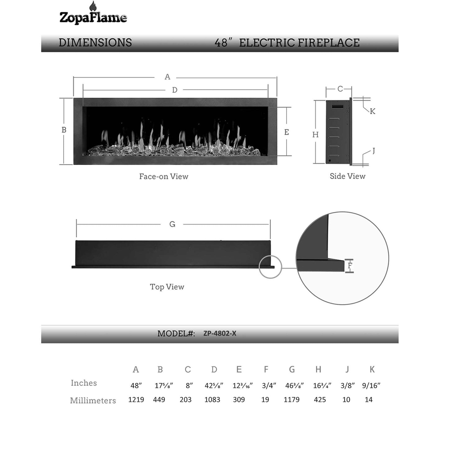 ZopaFlame™ 47" Linear Wall-mount Electric Fireplace - SG17488X - ZopaFlame Fireplaces