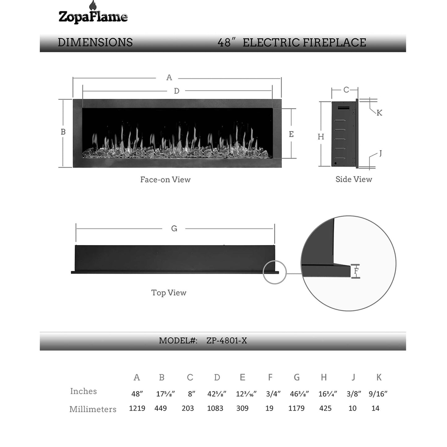 ZopaFlame™ 47" Linear Wall-mount Electric Fireplace - WG17488X - ZopaFlame Fireplaces