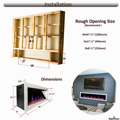 ZopaFlame™ 47" Linear Wall-mount Electric Fireplace - WG17488X - ZopaFlame Fireplaces