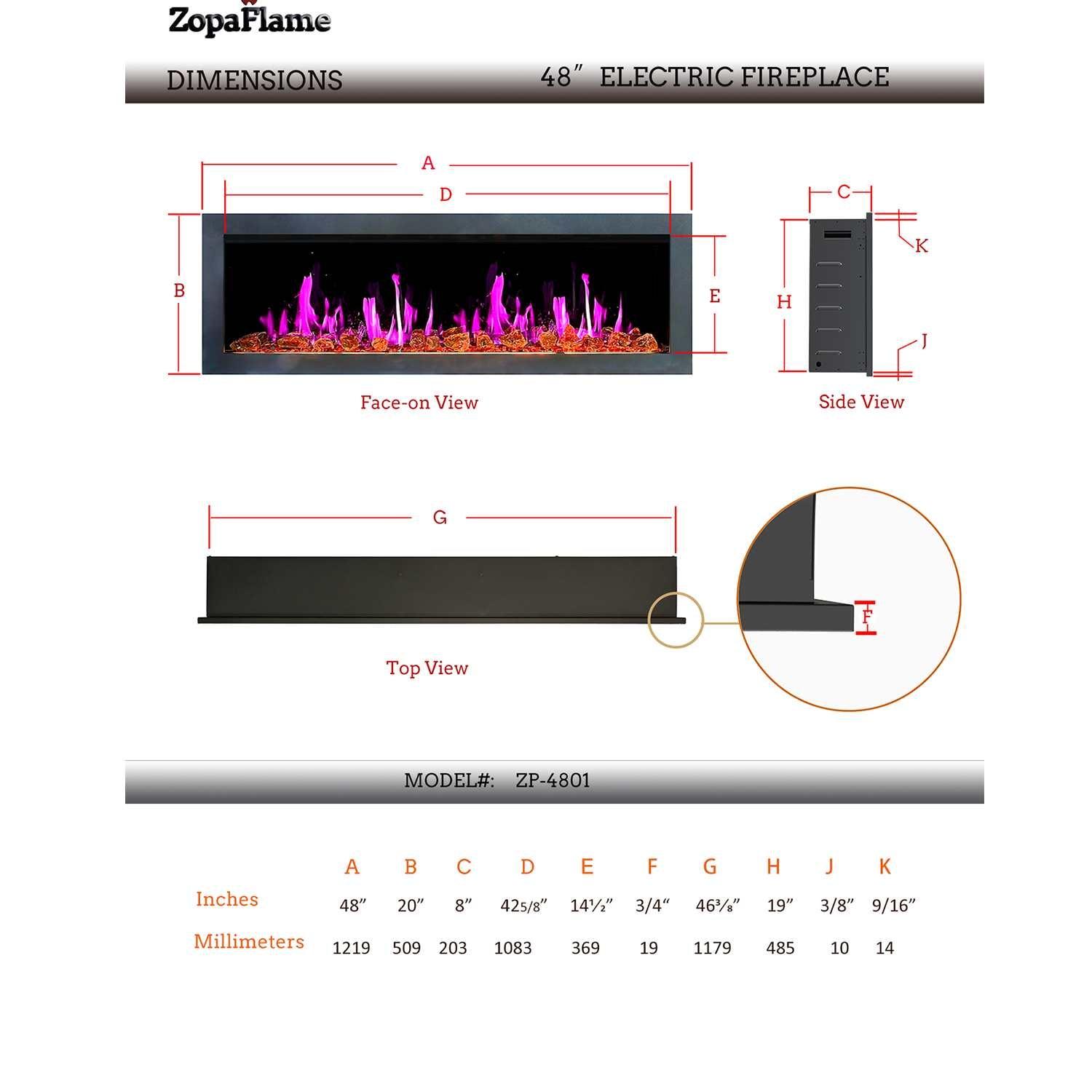 ZopaFlame™ 48" Linear Wall-mount Electric Fireplace - BG19488V - ZopaFlame Fireplaces