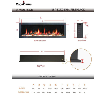 ZopaFlame™ 48" Linear Wall-mount Electric Fireplace - BP19488V - ZopaFlame Fireplaces