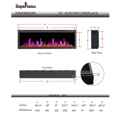 ZopaFlame™ 56" Linear Built-in Electric Fireplace - BG19555V - ZopaFlame Fireplaces