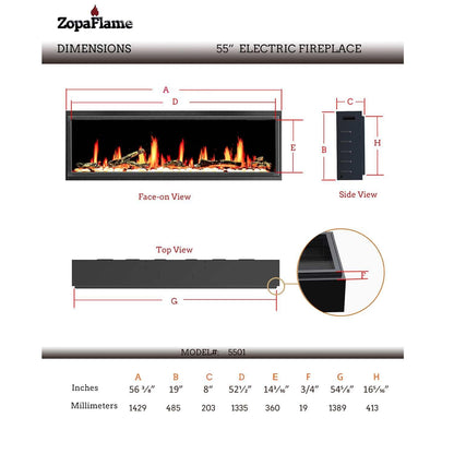 ZopaFlame™ 56" Linear Built-in Electric Fireplace - BP19555V - ZopaFlame Fireplaces