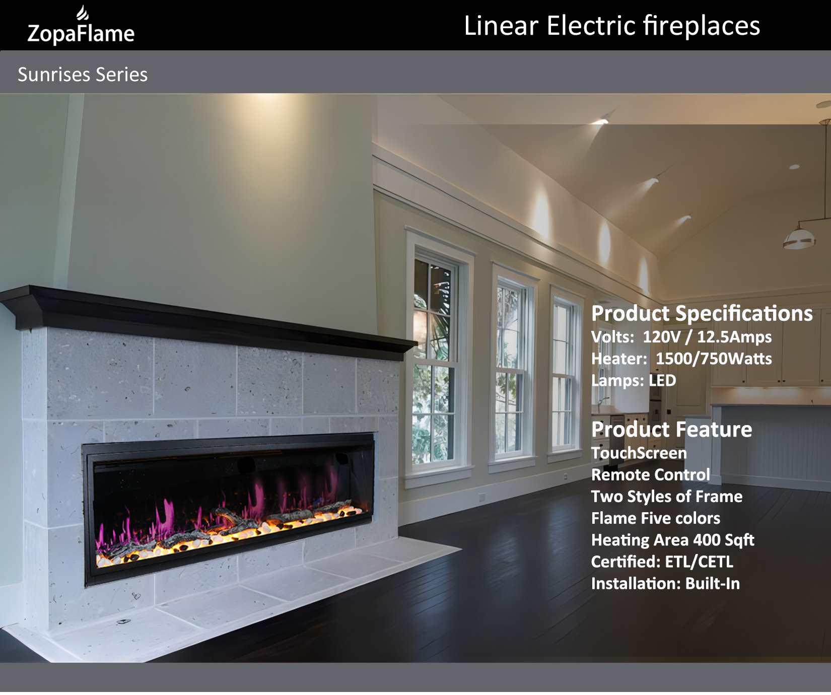 ZopaFlame™ 56" Linear Built-in Electric Fireplace - BP19555V - ZopaFlame Fireplaces