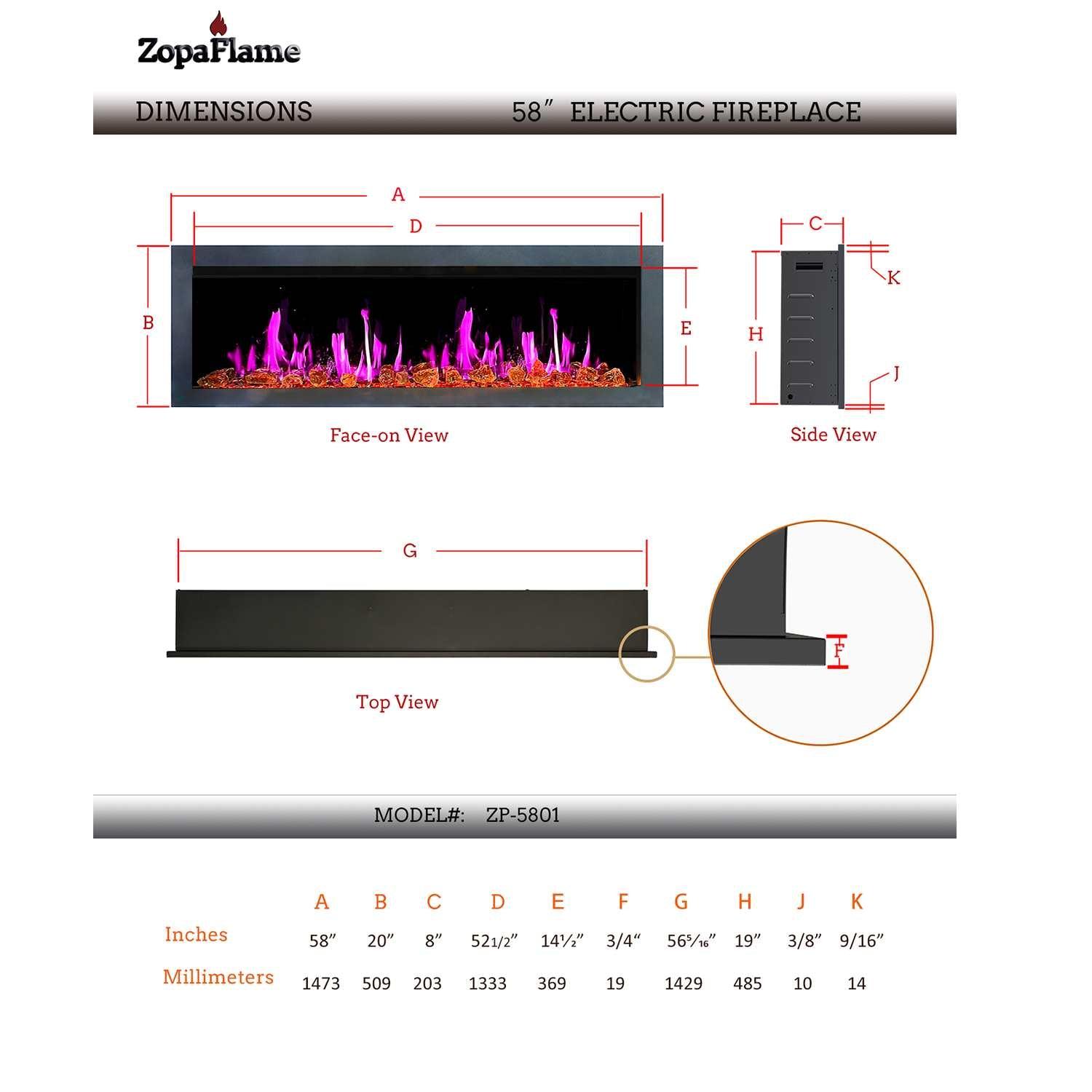 ZopaFlame™ 58" Linear Wall-mount Electric Fireplace - BG19588V - ZopaFlame Fireplaces