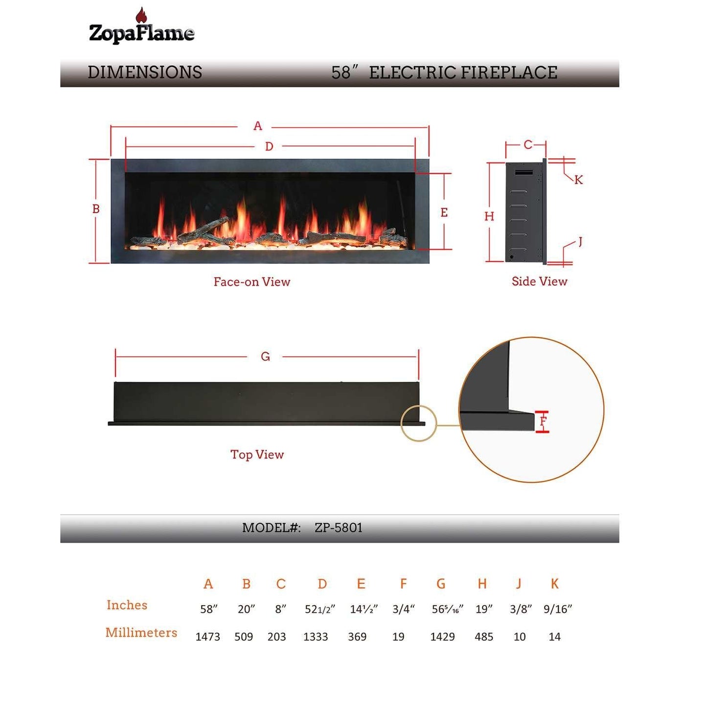 ZopaFlame™ 58" Linear Wall-mount Electric Fireplace - BP19588V - ZopaFlame Fireplaces