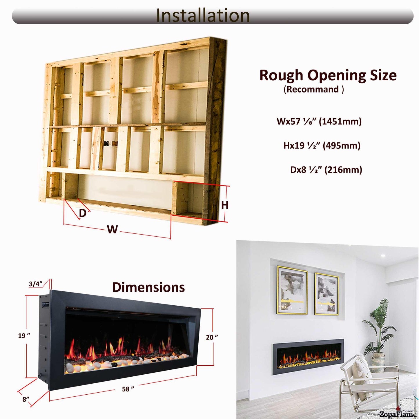 ZopaFlame™ 58" Linear Wall-mount Electric Fireplace - BP19588V - ZopaFlame Fireplaces