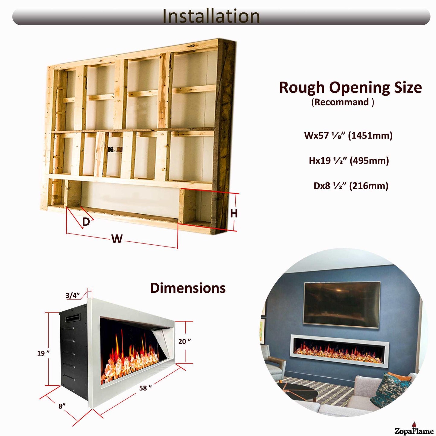 ZopaFlame™ 58" Linear Wall-mount Electric Fireplace - WC19588V - ZopaFlame Fireplaces