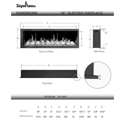 ZopaFlame™ 58" Linear Wall-mount Electric Fireplace - WC19588V - ZopaFlame Fireplaces