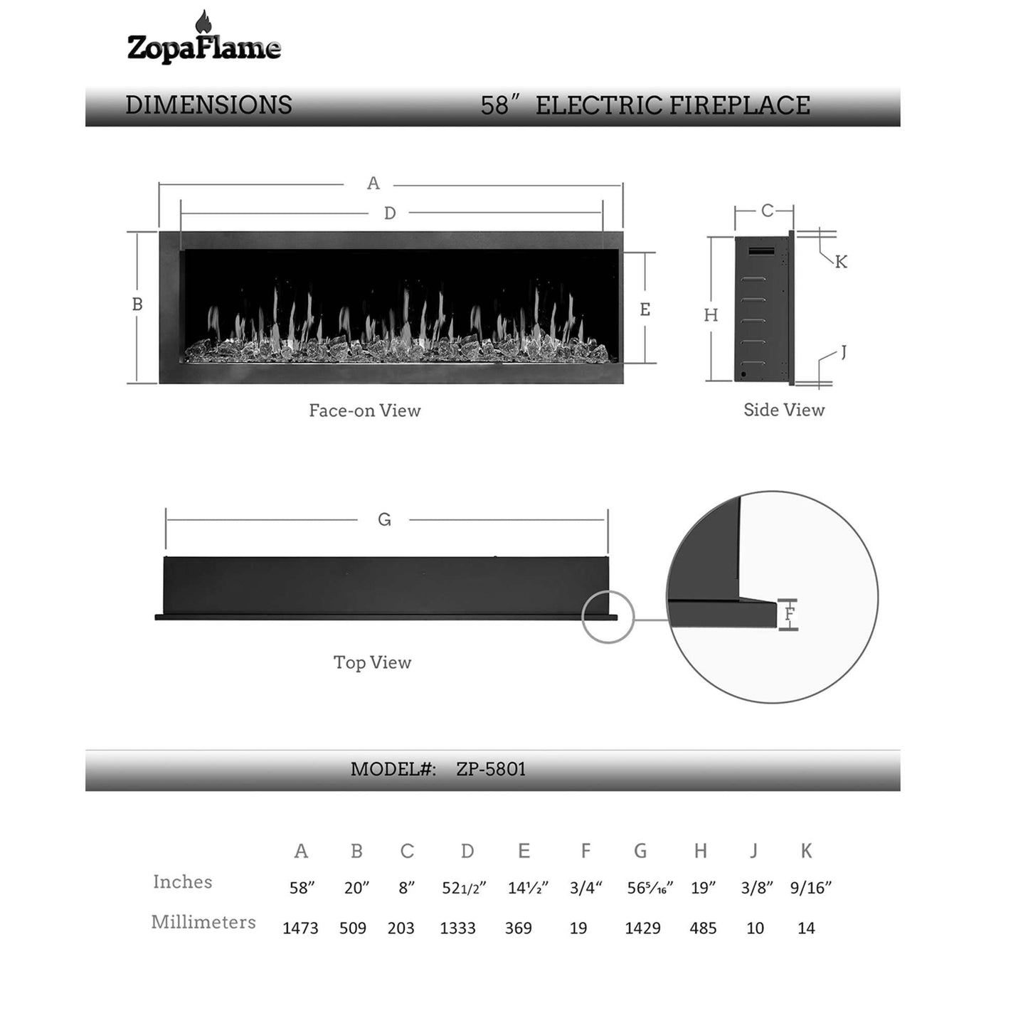 ZopaFlame™ 58" Linear Wall-mount Electric Fireplace - WG19588V - ZopaFlame Fireplaces