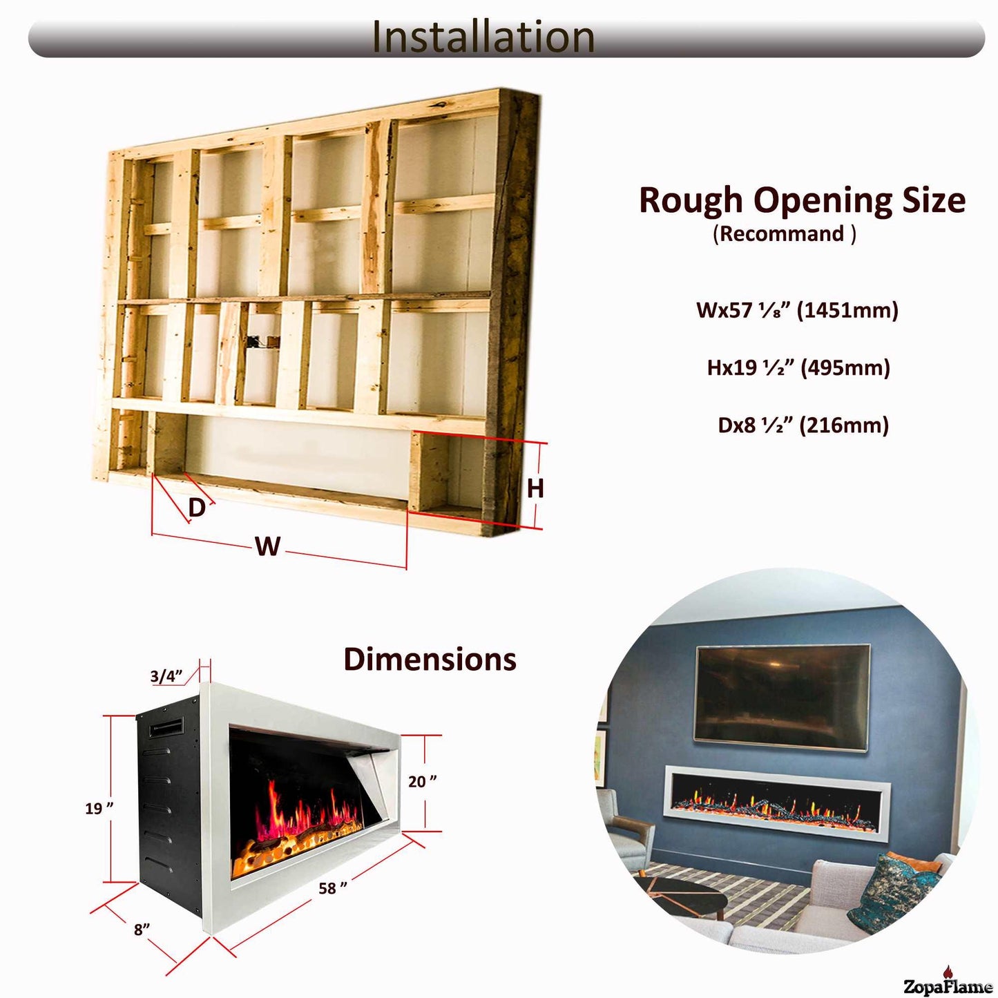 ZopaFlame™ 58" Linear Wall-mount Electric Fireplace - WP19588V - ZopaFlame Fireplaces