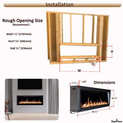 ZopaFlame™ 65" Linear Built-in Electric Fireplace - BC17655X - ZopaFlame Fireplaces