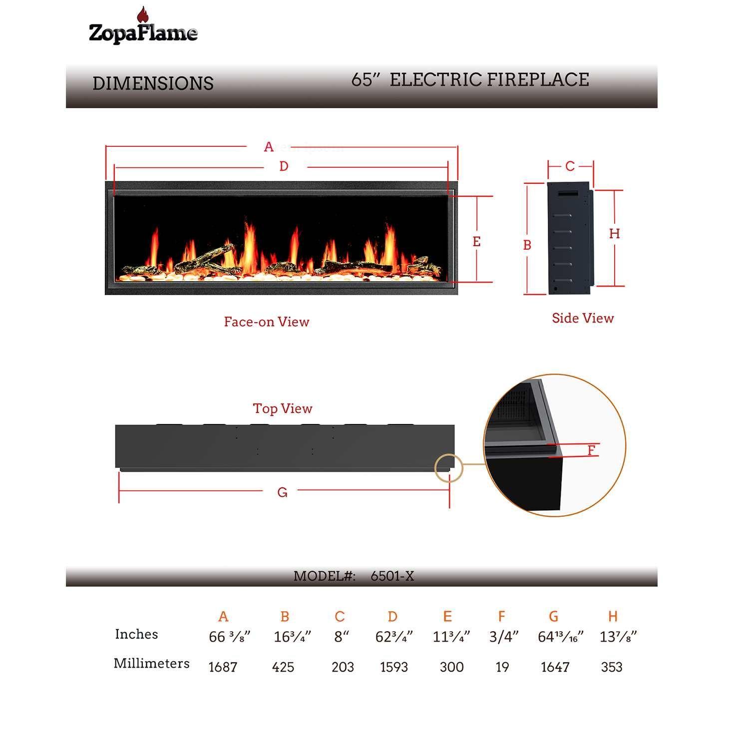 ZopaFlame™ 65" Linear Built-in Electric Fireplace - BP17655X - ZopaFlame Fireplaces