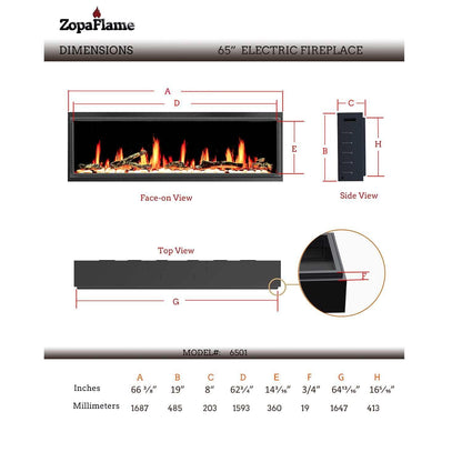 ZopaFlame™ 66" Linear Built-in Electric Fireplace - BP19655V - ZopaFlame Fireplaces