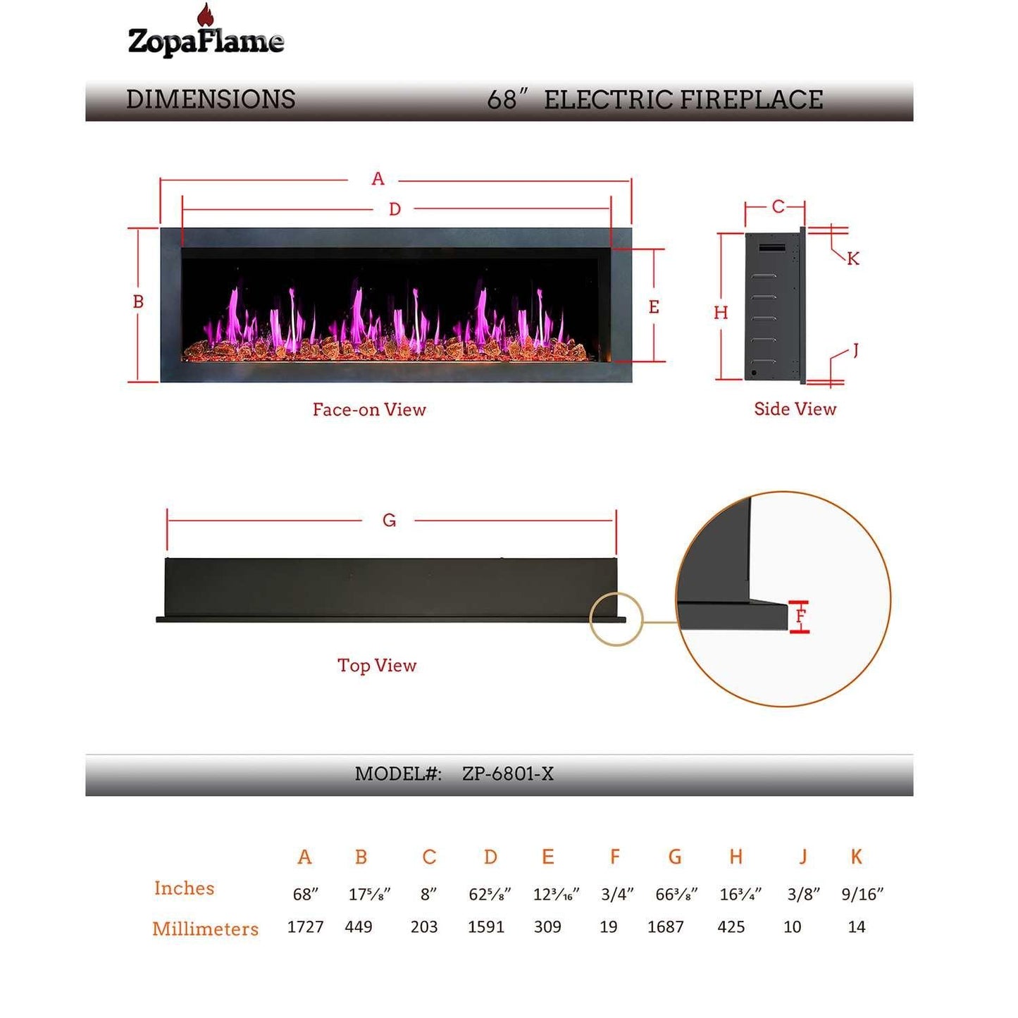 ZopaFlame™ 67" Linear Wall-mount Electric Fireplace - BG17688X - ZopaFlame Fireplaces