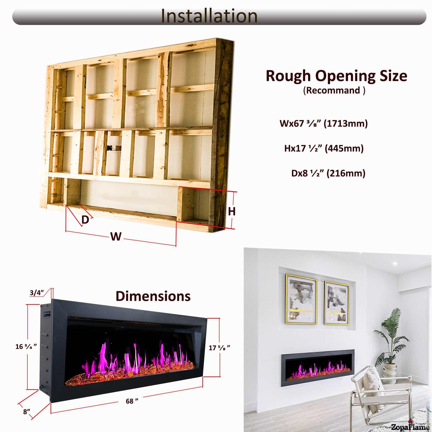 ZopaFlame™ 67" Linear Wall-mount Electric Fireplace - BG17688X - ZopaFlame Fireplaces