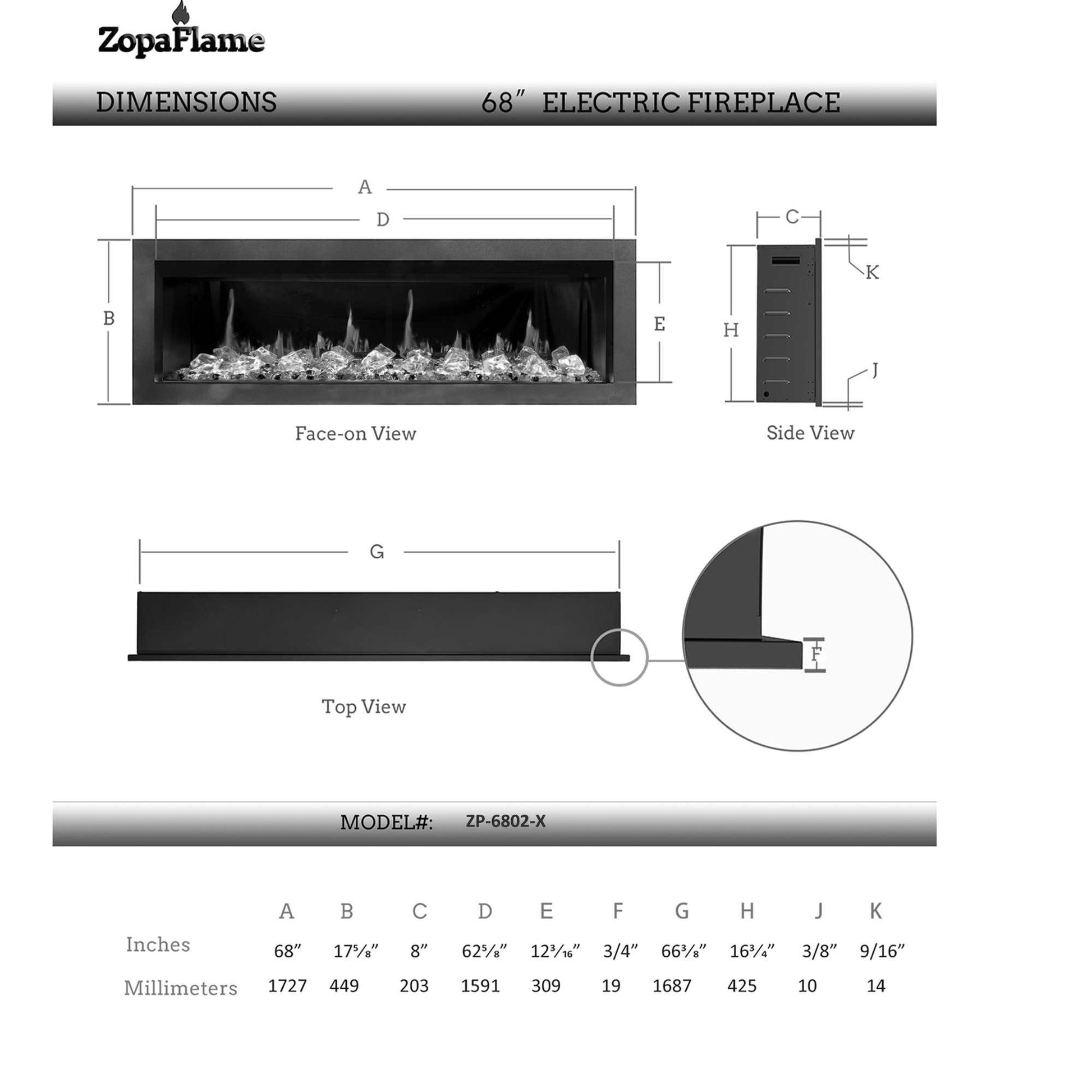 ZopaFlame™ 67" Linear Wall-mount Electric Fireplace - SC17688X - ZopaFlame Fireplaces