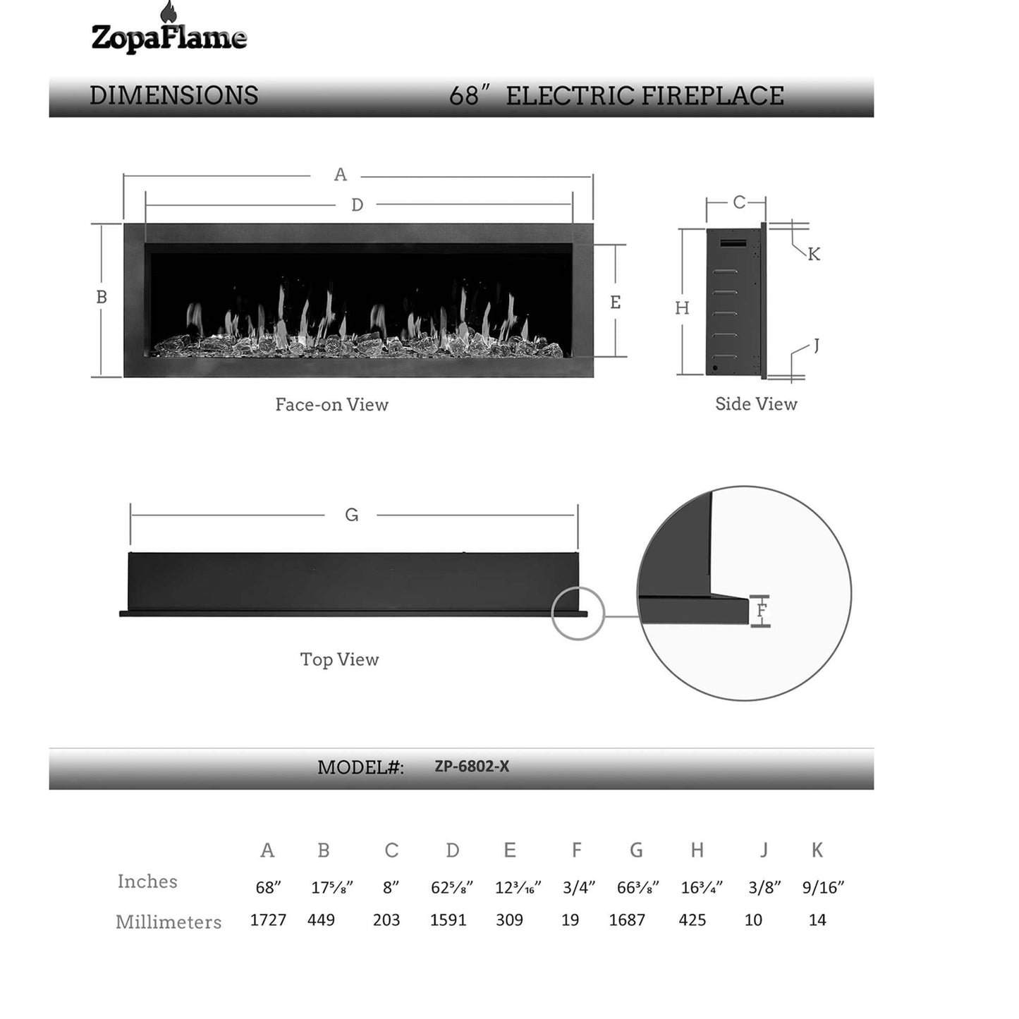 ZopaFlame™ 67" Linear Wall-mount Electric Fireplace - SG17688X - ZopaFlame Fireplaces