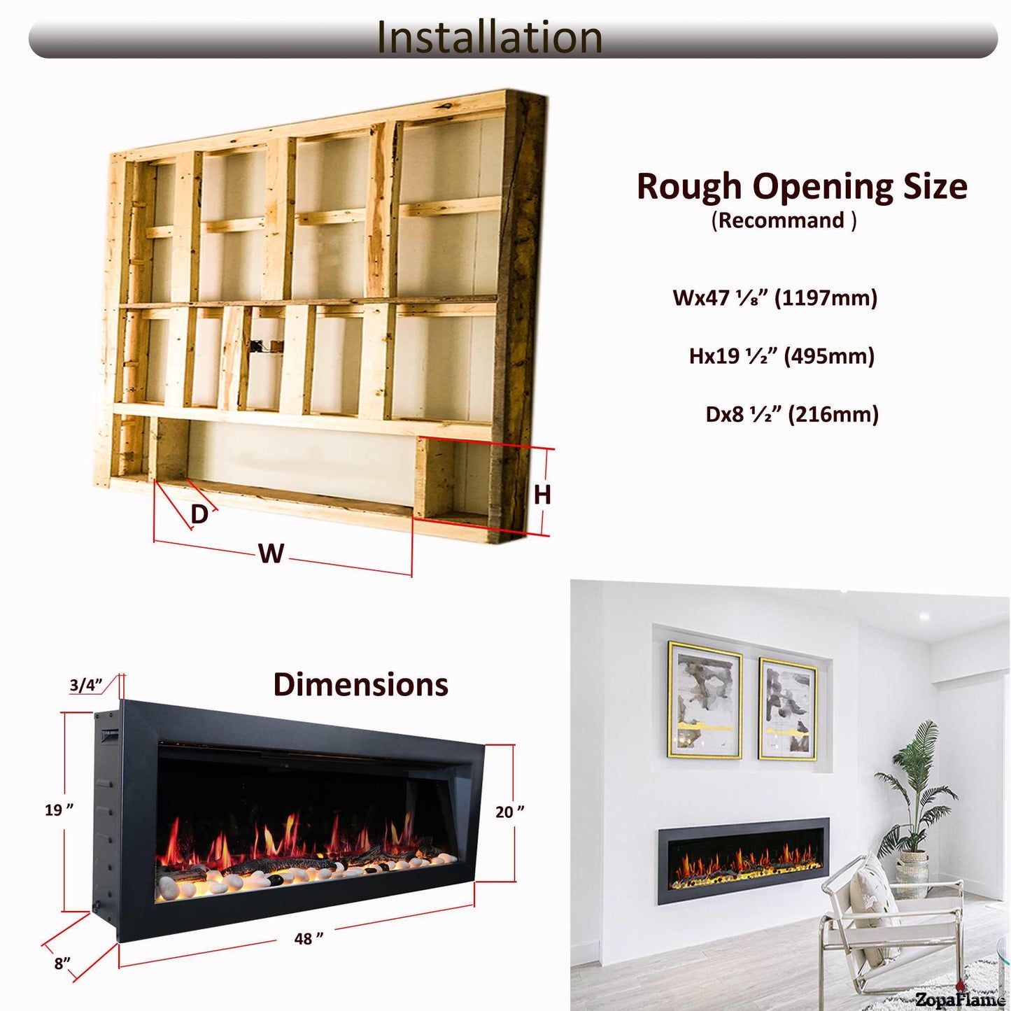 ZopaFlame™ 68" Linear Wall-mount Electric Fireplace - BP19688V - ZopaFlame Fireplaces