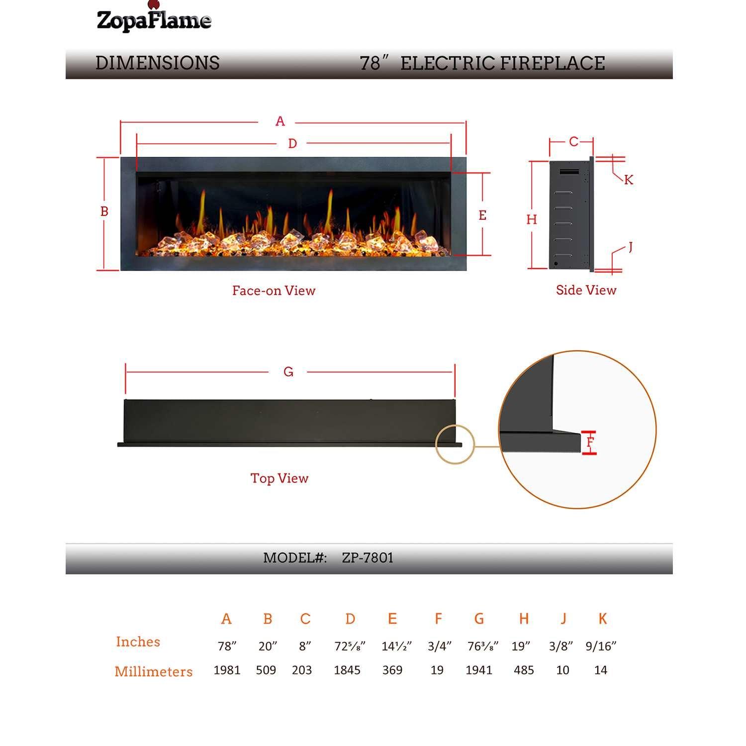 ZopaFlame™ 78" Linear Wall-mount Electric Fireplace - BC19788V - ZopaFlame Fireplaces