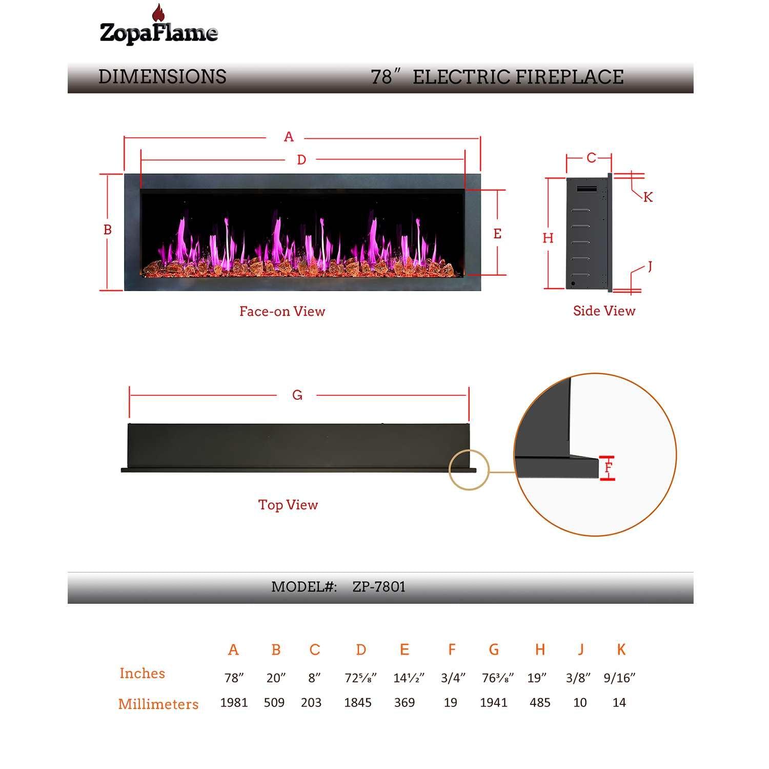 ZopaFlame™ 78" Linear Wall-mount Electric Fireplace - BG19788V - ZopaFlame Fireplaces