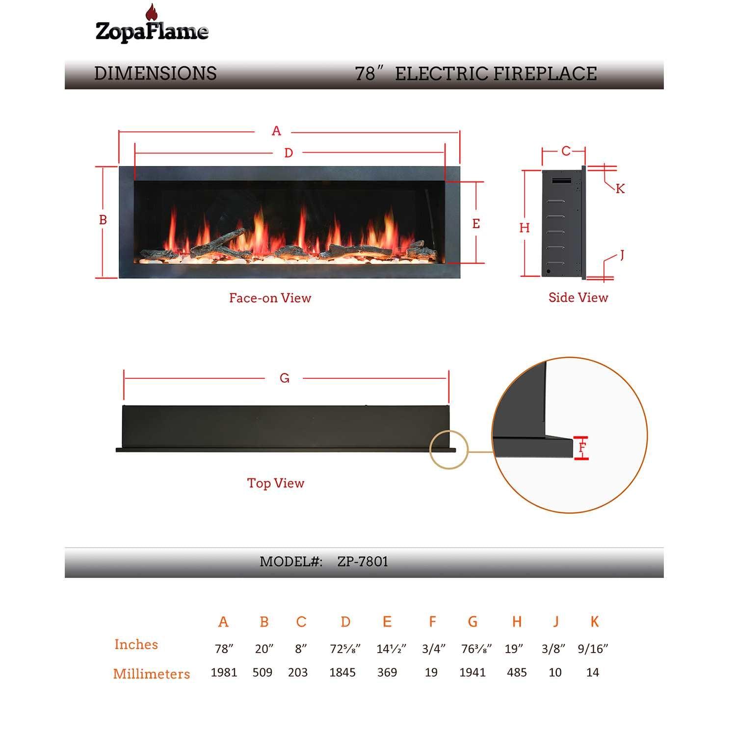 ZopaFlame™ 78" Linear Wall-mount Electric Fireplace - BP19788V - ZopaFlame Fireplaces