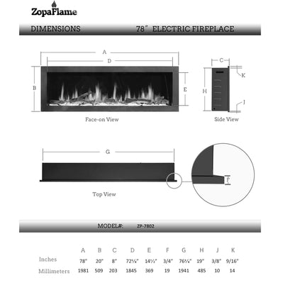 ZopaFlame™ 78" Linear Wall-mount Electric Fireplace - SP19788V - ZopaFlame Fireplaces